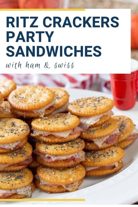 Ritz Cracker Party Sandwiches are the perfect bite size appetizer! Stuff them with ham and swiss (or your choice of meat and cheese) and serve to rave reviews. Ritz Cracker Recipes, Spicy Appetizers, Party Sandwiches, Appetizers Easy Finger Food, Best Appetizer Recipes, Finger Foods Easy, Tailgate Food, Cracker Recipes, Ritz Crackers