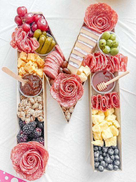 Charcuterie In A Letter, Lettered Charcuterie Board, Letter E Charcuterie Board, Letter Boxes Ideas, Charcuterie Letter Box Ideas, Letter H Charcuterie Board, Letter Meat And Cheese Board, Charcuterie Board Ideas With Letters, Letter N Charcuterie Board