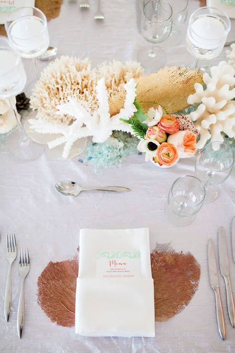 Driftwood and Coral and Pearls, Oh My! 6 Unique Ideas for your Beach Wedding Décor Coral Beach Wedding Decorations, Chic Beach Wedding, Coral Centerpieces, Beach Wedding Decorations Reception, Pearl Centerpiece, Beach Wedding Centerpieces, Coral Wedding, Beach Wedding Decorations, Beach Wedding Favors