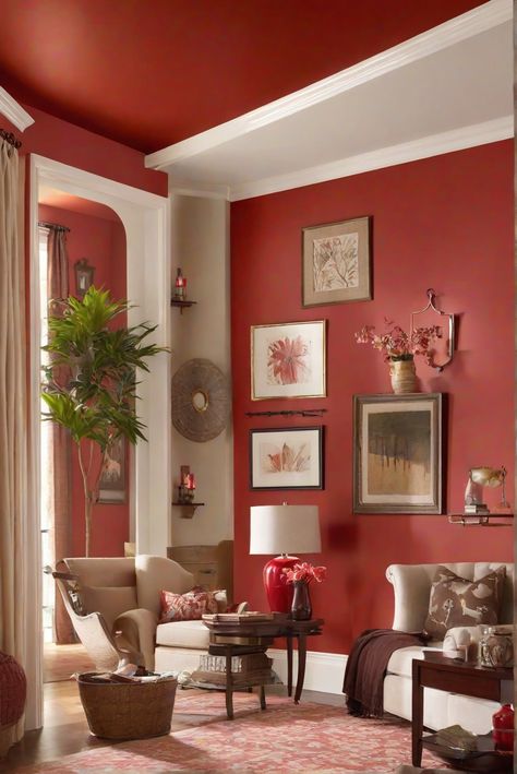 living room paint colors, wall paint ideas, interior wall paint, paint color schemes Red Walls Living Room, Red Wall Living Room Ideas, Red Wall Painting Ideas, Red Wall Living Room, Color For Living Room Walls, Red Bedroom Walls, Red Living Room Walls, Color For Living Room, Red Accent Wall