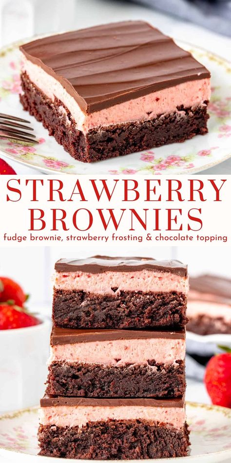 These delicious strawberry brownies are the perfect combo of chocolate and strawberry. You get a layer of fudge brownie, strawberry frosting and chocolate on top. The perfect Valentine's Day treat #strawberrybrownies #strawberrytrufflebrownies #strawberryfrosting from Just So Tasty https://www.justsotasty.com/strawberry-truffle-brownies/ Sweets With Strawberries, Chocolate Covered Strawberry Brownies Recipe, The Best Baking Recipes, Strawberry Cream Brownies, Brownie With Strawberries, Brownie Strawberry Dessert, Tasty Treats Deserts, Strawberry Chocolate Brownies, Chocolate Covered Strawberry Brownies