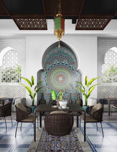 Moroccan Restaurant Design, Moroccan Restaurant Interior, Modern Moroccan Interior Design, Moroccan Dining Room, Arabic Interior Design, Restaurants Design, Moroccan Restaurant, Moroccan Interior Design, Moroccan Style Interior