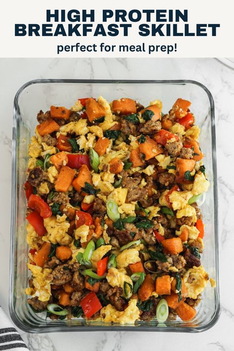 This high protein easy breakfast skillet is a one pan meal that is great for meal prep. This healthy breakfast sweet potato scramble includes eggs, sausage, sweet potatoes, spinach and red bell pepper. It is a balanced breakfast than comes together in 30 mins or less. Meal Preps Breakfast, Breakfast Veggie Scramble, Healthy Breakfast For On The Go, Breakfast Scramble Healthy, High Protein Breakfast Sausage, Meal Prep Breakfast Scramble, High Protein Sweet Potato Breakfast, Breakfast Meal Prep With Eggs, High Protein Breakfast Scramble