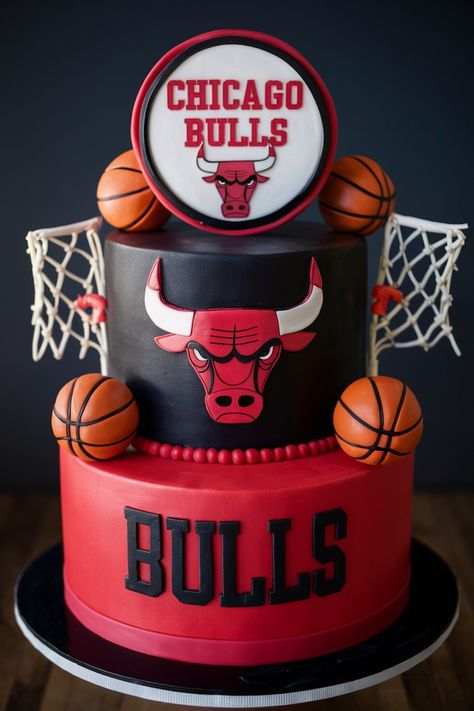 Perfect Bulls-Themed Birthday Cakes for Men Chicago Bulls Cake Ideas, Chicago Bulls Themed Birthday Party, Chicago Bulls Party Ideas, Chicago Bulls Birthday Cake, Chicago Bulls Cake, Basketball Theme Party, Basketball Party, Birthday Cakes For Men, Kids Cakes