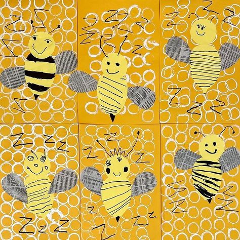 @amymcreynolds on Instagram: "KINDERCAMP mixed media collage bees. We had a fun three day camp for upcoming kindergarteners. Day 1 the kids explored printmaking to…" Bee Process Art, Bee Art For Kindergarten, Bees Kindergarten Activities, Bee Collage Mixed Media, Bee Art Projects For Kids, Bee Crafts For Kids Preschool, World Bee Day Activities For Kids, Bee Art Preschool, Bee Day Activities