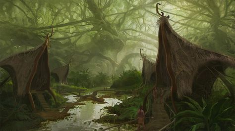 This is how I imagine the jungle in the cursed area. Jungle Village, Environment Painting, Dnd Ideas, Jungle Art, Les Continents, Fantasy Forest, Fantasy Places, Art Style Inspiration, Environment Concept Art