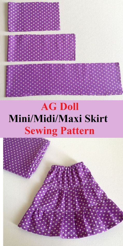 Learn how to sew this easy doll skirt for your American 18 inch doll in simple and quick steps. This sewing pattern comes with instructions to sew it as a mini, midi or maxi skirt. This skirt sewing project needs so little of your fabric scraps and time that you can make a number of them in an hour! #easythingstosew #dollclothespatterns, #freedollclothespatterns, #americandollclothespattern, #dolldresspatterns #dollskirtpattern #dollskirtdiy #dollskirtpatternfree Barbie Doll Skirt Pattern, Easy Scrap Sewing Projects, Free Doll Dress Patterns Free Printables, Homemade Doll Clothes, Barbie Outfits Diy How To Make, 18in Doll Clothes Patterns Free, Sewing For Dolls, Barbie Skirt Pattern, Simple Sewing Projects Clothes