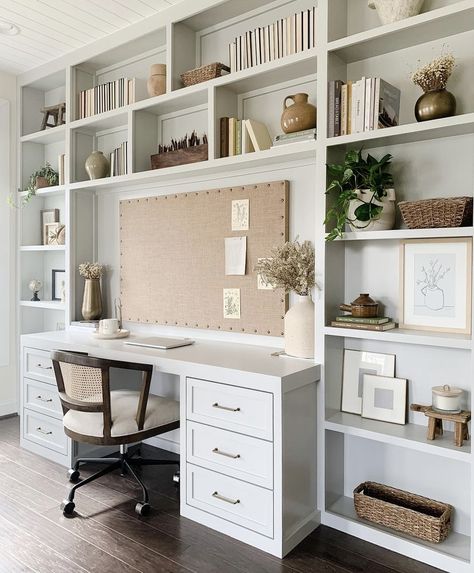 White Desk With Drawers, Studio In Casa, White Shelving, White Shelving Unit, Home Office/guest Room, Office Built Ins, Cozy Home Office, Small Home Offices, Office Remodel