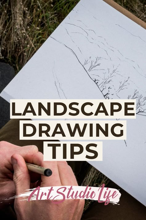 Drawing landscapes can be a challenge, but with just a few (essential) landscape drawing tips, you can easily begin to create more realistic and compelling looking landscape drawings! Learn more about how to deal with the physical and environmental elements that make up a landscape drawing, by getting started with the fundamental drawing tips included in the article, here. Learn To Draw Landscape, How To Sketch A Landscape, How To Sketch Landscapes Step By Step, Beginning Drawing Ideas, Drawing Landscapes Easy, How To Draw A Landscape, Landscape Sketch Ideas, Ink Landscape Drawing, How To Draw Landscape Step By Step