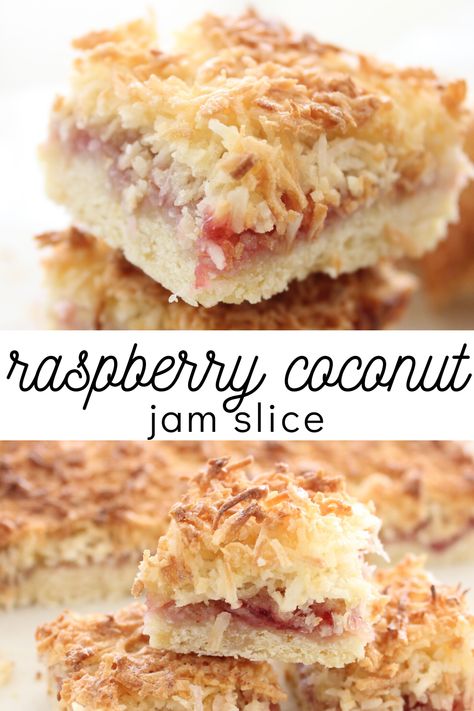 Jam Coconut Slice, Coconut Jam Slice Recipe, Jam And Coconut Slice, Raspberry Coconut Tarts Recipe, Coconut Jam Squares, Raspberry Coconut Squares, Raspberry Jam Coconut Slice, Coconut Raspberry Slice, Coconut And Jam Cake