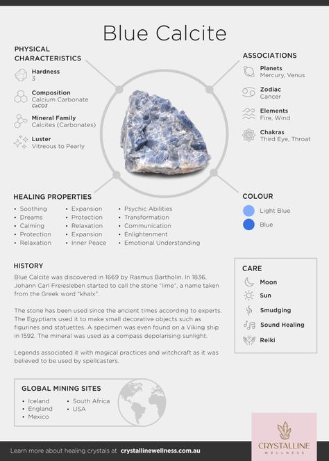 Blue Calcite Properties, Blue Calcite Crystal Meaning, Calcite Crystal Meaning, Crystalline Wellness, Crystal Encyclopedia, Blue Calcite Crystal, Crystal Healing Chart, Color Healing, Crystal Properties