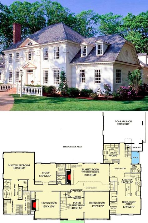 The full floor plan and blueprint home layout of a beautiful 4 bedroom, 4.5+ bathroom, 4204 sq ft 2 story traditional Colonial house plan. Southern style room interior design and colonial home decor ideas included! Featured is the simple yet beautiful exterior architectural style with a classic farmhouse look. #2story #houseplans #floorplans #blueprints #homelayout https://www.architecturaldesigns.com/house-plans/tradition-at-its-best-32503wp?cjevent=875a4ca795e411ea81ac00a20a180510 5 Bedroom Colonial House Floor Plan, Colonial House Layout Home Plans, 4 Bedroom House Plans Traditional, Colonial House Interior Floor Plans, Historic Home Floor Plans, Colonial Floor Plans Traditional, Colonial Revival Floor Plan, Back Of Colonial House, Southern Home Plans 2 Story