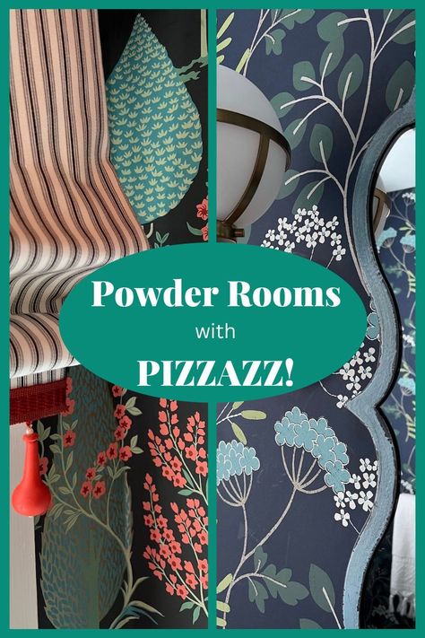 2 Farmhouse Powder Rooms with Pizzazz...These two examples from a recent project contain the key ingredients that will take your powder room to the next level! Wall Murals For Powder Room, Grey Powder Room Wallpaper, Powder Room Wallpaper Dramatic, Statement Powder Room Wallpaper, Blue Wallpaper Powder Room Ideas, Colorful Powder Room Wallpaper, Colored Bathroom Vanity Ideas, Work Bathroom Ideas, Master Closet Wallpaper Ideas