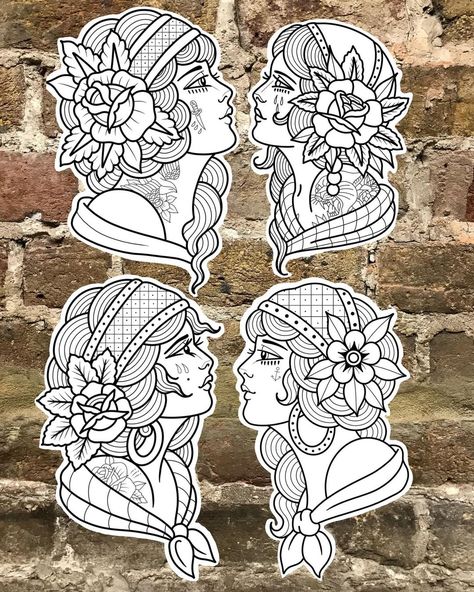 Sam King | 🤍 lady heads 🤍 Thanks for looking x | Instagram American Traditional Woman Head, American Traditional Woman Face, Romani Head Tattoo, American Traditional Tattoo Flash Art, Romani Lady Tattoo, Old School Lady Tattoo, Trad Lady Head, Lady Face Tattoo Design, American Traditional Lady Head