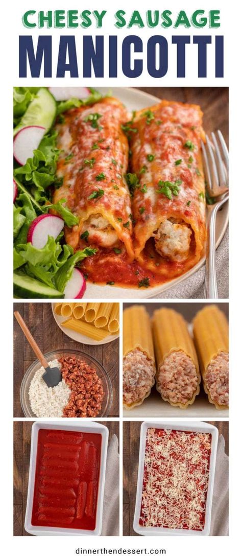 Cheesy Sausage Manicotti is stuffed with Italian pork sausage and ricotta cheese then topped with marinara sauce and melty mozzarella cheese. Manicotti For Two, Manicotti Recipe No Ricotta, Sausage And Ricotta Stuffed Manicotti, Manicotti With Ricotta Cheese, Sausage Cannelloni Recipes, Italian Sausage Stuffed Manicotti, Ground Beef Stuffed Manicotti, Sausage Stuffed Manicotti Recipe, How To Make Manicotti