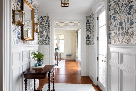 Foyer Wallpaper Entryway, Wallpaper Entryway, Wallpaper Foyer, Reclaimed Fireplace, Foyer Wallpaper, Wallpapered Entryway, Foyer Ideas Entryway, Thibaut Wallpaper, Wallpapered Entry