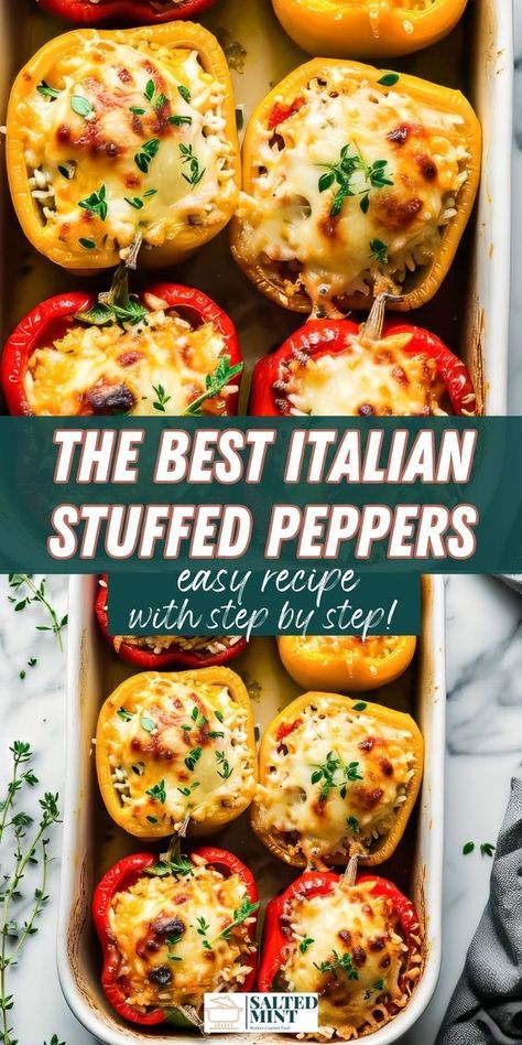 Make these Italian stuffed peppers with rice, beef or Italian sausage, and mozzarella cheese. Ideal for easy stuffed peppers and family dinner ideas using sweet bell peppers. Stuffed Bell Pepper Italian Sausage, Stuffed Pepper Dinner Ideas, Stuffed Bell Peppers Ground Sausage, Stuffed Bell Peppers Freezer Meal, Stuffed Bell Peppers With Tomato Soup, Stuffed Bell Peppers With Sweet Italian Sausage, Meatball Stuffed Peppers, Stuffed Peppers Side Dish Ideas, Stuffed Bell Peppers Sausage