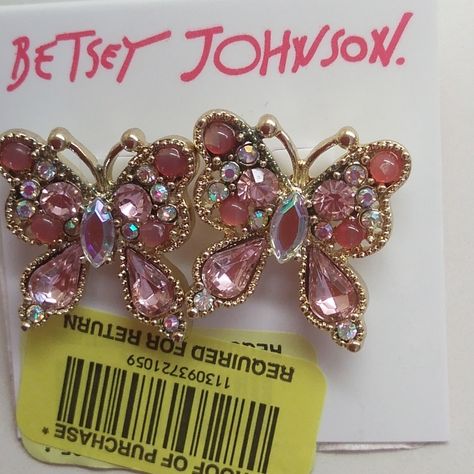 Hot Pink, Pink, And Clear Rhinestones Craft This Sweet 1" Butterfly. Silver Fixings. Studs. Retail - $38. Nwt Rhinestone Crafts, Betsey Johnson Earrings, Dope Jewelry, Jewelry Lookbook, Funky Jewelry, Betsey Johnson Jewelry, Pink Butterfly, Butterfly Earrings, Jewelry Inspo