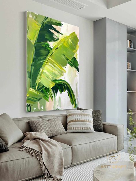 Painting Ideas On Walls Living Room, Paintings Living Room Ideas, Tall Narrow Paintings, Tropical Oil Painting, Plant Painting Ideas, Palm Tree Painting Acrylic, Painting With Plants, Living Room Wall Painting Ideas, Modern Painting Ideas