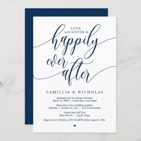 $2.85 | Wedding Elopement, Happily Ever After Party Invita Invitation #wedding #elopement #invitationcard #postpone #elopedelopepostwedding #receptiondinnerparty #moderncleancalligraphystunning #lovelaughterhappilyeverafter #partycelebration #navybluescriptfont Post Wedding Brunch Invitations, Happily Ever After Party, Ever After Party, Elopement Invitation, Wedding Announcement Cards, Wedding Brunch, Wedding Rehearsal Dinner Invitations, Wedding Reception Invitations, Rehearsal Dinner Invitation