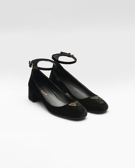 Black Velvet Pumps | PRADA Black Velvet Shoes, Ivory Pumps, Trending Flats, Prada Collection, Velvet Pumps, Ballerina Slippers, Velvet Heels, Ballet Pumps, Patent Leather Heels