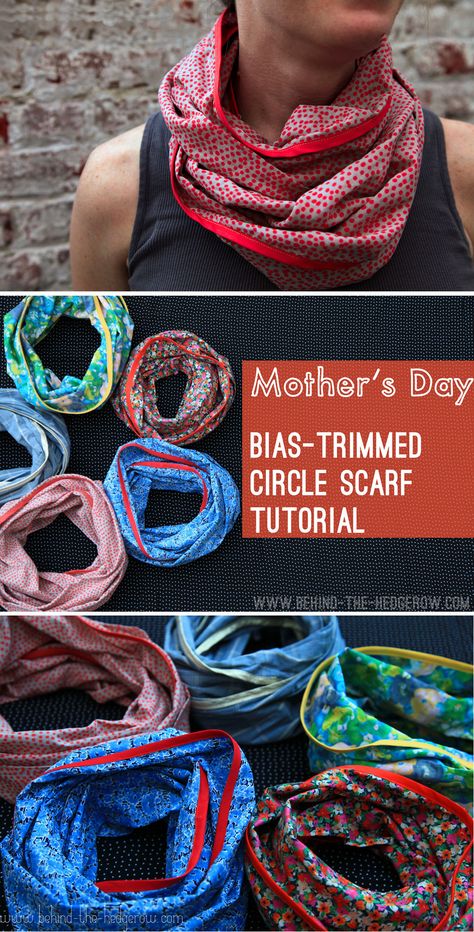 FREE TUTORIAL: Mother’s Day bias-trimmed circle scarf Diy Purses, Scarf Tutorial, Diy Scarf, Sewing Tutorials Free, Scarf Pin, Diy Purse, Circle Scarf, Diy Sewing Clothes, Cards Christmas