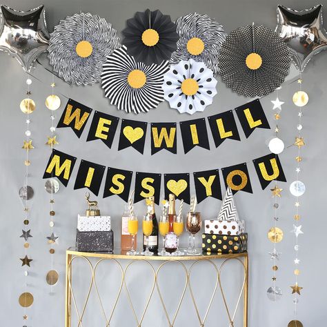 PRICES MAY VARY. We Will Miss You Decorations Kit Includes - 1 x "We Will Miss You" banner(You Don’t Need To ASSEMBLE BY YOURSELF),6 x Folding Paper Fans, 1 x 13ft Sparkling paper star garlands，2 x Star Shape Foil Balloons. (Color: Black, Gold, White and Silver) CELEBRATE IN STYLE - Unique and brilliant black-gold theme party decorations will give you a black and gold world. New upgraded, super-rich party decorations, enough to decorate your farewell party. Black-gold color can add an atmosphere 65 Birthday Decorations, Farewell Party Decorations, Happy Retirement Banner, Retirement Banner, 40th Birthday Party Decorations, Wedding Anniversary Decorations, Farewell Party, Retirement Party Decorations, Farewell Parties