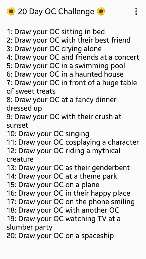 20 Day OC Challenge! Drawing Oc Inspiration, 30 Days Drawing Challenge Oc, Drawing Prompts For Ocs, Oc Challenge 20 Days, 30 Day Oc Art Challenge, Oc Art Ideas List, Oc Prompt List, List Of Art Ideas, Oc Day Challenge