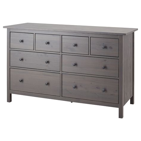 HEMNES 8-drawer dresser, dark gray stained, 63x373/8" Made of solid wood, which is a durable and warm natural material. Smooth running drawers with pull-out stop. A wide chest of drawers gives you plenty of storage space as well as room for lamps or other items you want to display on top. Classic Chest Of Drawers, Hemnes Shoe Cabinet, Ikea Hemnes Dresser, Hemnes Dresser, Wide Chest Of Drawers, Grey Dresser, Large Dresser, 8 Drawer Dresser, Ikea Hemnes