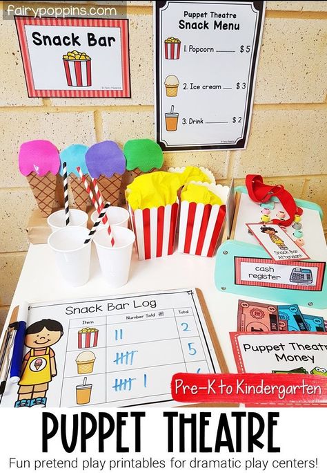 Puppet Center Preschool, Puppet Dramatic Play, Theatre Dramatic Play Preschool, Puppet Theatre Dramatic Play, Movie Theater Pretend Play, Movie Theatre Dramatic Play Kindergarten, Movie Theatre Dramatic Play, Carnival Dramatic Play, Carnival Dramatic Play Preschool