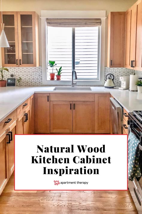 If you’ve been searching for natural wood inspiration to inform your own kitchen makeover, we’ve got you. These five beautiful kitchen transformations all feature the glory of natural wood, from super light Scandi-style finishes to richer mid-century-inspired ones. Bright Kitchen Wood Cabinets, Countertops For Natural Wood Cabinets, Light Cabinet Kitchen, Beech Wood Kitchen Cabinets, Easy To Clean Kitchen Cabinets, Kitchens With Wood Trim, Modern Natural Wood Kitchen Cabinets, Light Maple Kitchen Cabinets Modern, Wood Cabinets Gray Countertops