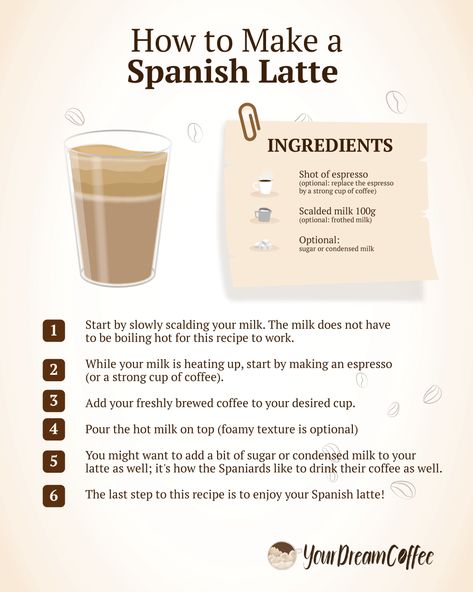 How To Make Latte At Home, At Home Latte Recipes, How To Make Coffee At Home, How To Make Espresso, How To Make A Latte At Home, Latte Recipes At Home, Spanish Latte Recipe, Spanish Coffee Recipe, Coffee Latte Recipe