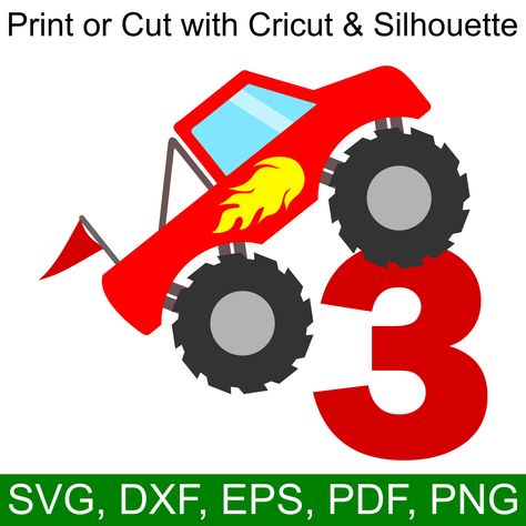 Monster Truck 3rd Birthday SVG File for Cricut & Silhouette Monster Truck Birthday Shirt, Festa Monster Truck, 6th Birthday Boys, 4th Birthday Boys, Third Birthday Invitations, Blaze Birthday, 3rd Birthday Boys, Red Monster, 2nd Birthday Boys