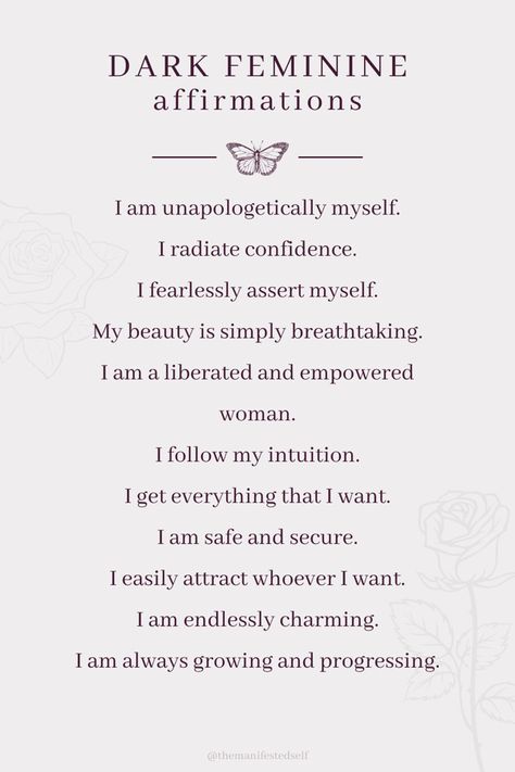 Daily Female Affirmations, Best Affirmations Mantra, Divine Feminity Affirmations, Dark Fem Affirmations, Elegant Woman Affirmations, Glamour Magick Affirmations, Confident Affirmations Law Of Attraction, Goth Affirmations, Womens Affirmations