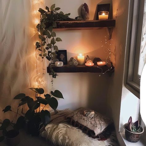 Shelf Altar Ideas, Witchy Organization, Spiritual Bedroom Aesthetic, Crystal Altar Sacred Space, Spiritual Office, Altar Ideas Sacred Space, Silversmith Studio, Shelf For Crystals, Spiritual Bedroom