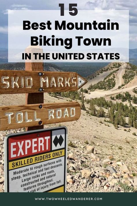 Mountain bike trail sign at top of Mammoth Mountain Bike Park with signs reading "Skid Marks" "Toll Road" and "Exerts Only" Moab Mountain Biking, Mountain Bike Action, Arizona Mountains, Mtb Riding, Marquette Michigan, Mtb Trails, Bicycle Travel, Utah Road Trip, Bike Camping