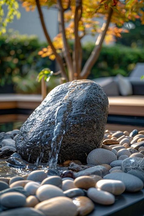 River Rock Fountain Ideas for Tranquil Gardens River Garden Ideas, Rock Fountains Outdoor, Rock Fountain Ideas, Tree Stump Fountain, Bubbling Rock Fountain, Backyard Fountain Ideas, Water Features For The Yard, Rock Water Feature, Zen Yard