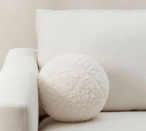 Cozy Teddy Sphere Pillow, 10", Ivory | Pottery Barn Sphere Pillow, Boucle Pillow, Embroidered Pillow Covers, White Throw Pillows, Cozy Pillow, Neutral Bedroom, Decorative Pillows Couch, Pillow Texture, Round Pillow