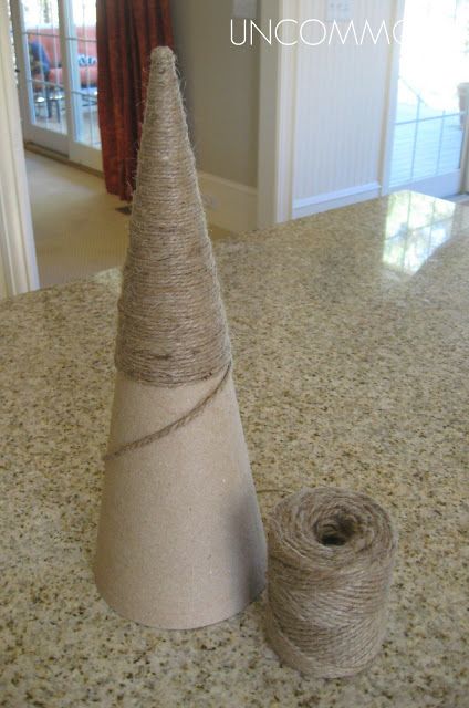 Burlap and Twine Trees... { Last Minute Holiday Home Decor Tutorial } - Uncommon Designs... Burlap Christmas Decorations, Twine Diy, Yarn Trees, Christmas Cones, Diy Burlap, Cone Christmas Trees, Tabletop Christmas Tree, Christmas Tree Crafts, Burlap Christmas