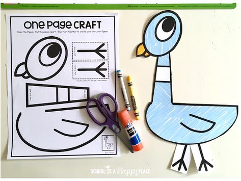 School Is a Happy Place: The Pigeon HAS to Go to School!: Ideas, Activities, and a Freebie for this Back to School Favorite 1st Grade Projects Crafts, Back To School Stories For Kindergarten, Mo Williams Pigeon Craft, Elephant And Piggie There's A Bird On Your Head, Kindergarten Art With Books, Pigeon Mo Willems Craft, Fun Back To School Crafts, Don’t Let The Pigeon Stay Up Late Activities, Pigeon Goes To School Activities Kindergarten