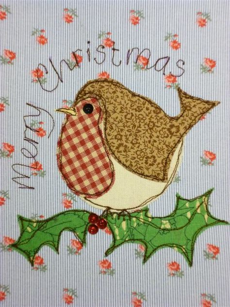 Christmas Apliques, Robin Christmas Card, Sewn Christmas Cards, Fabric Christmas Cards, Sewn Cards, Freehand Embroidery, Machine Embroidery Christmas, Christmas Robin, Robin Redbreast