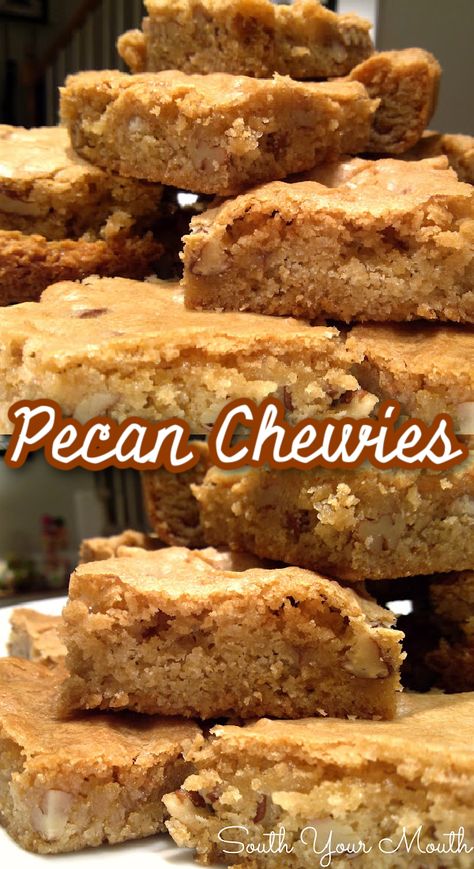 Pecan Chewies! An old-fashioned Southern recipe for chewy snack cake bars studded with pecans, similar to blondies but with a little more sass. Southern Pecan Chewies, Chewy Cake Recipe, Pecan Deserts, Pecan Chewies Recipe, Pecan Chewies, Pecan Blondies Recipe, Chewy Blondies Recipe, Chewies Recipe, Desserts Bars