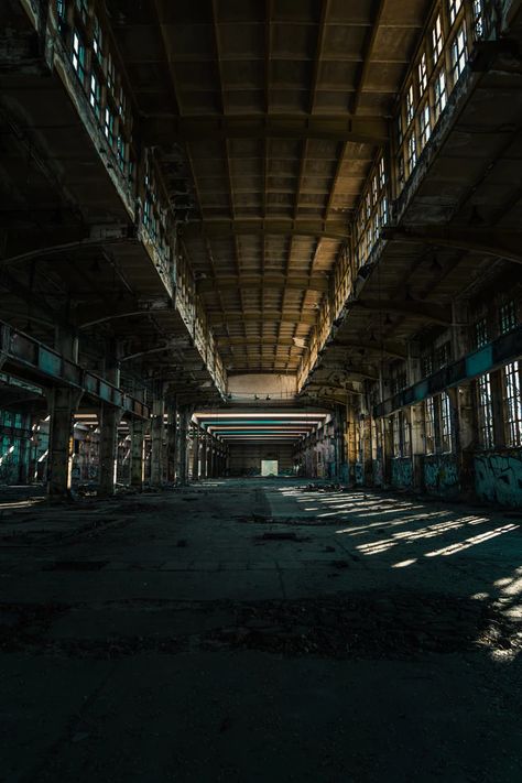 Warehouse Lighting, Warehouse Building, Abandoned Warehouse, Gray Living Room, Factory Architecture, The Heist, Abandoned Factory, Corridor Lighting, Living Room Decor Gray