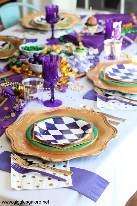 Mardi Gras Dinner Party Table Setting Mardi Gras Tea Party, Mardi Gras Treat Table, Mardi Gras Themed Bachelorette Party, Mardigrass Birthday Party Ideas, Mardis Gras Tablescape, New Orleans Party Theme Decoration, Marty Gras Party Ideas, Martygraw Party Ideas, Mardi Gras Table Decorations Diy