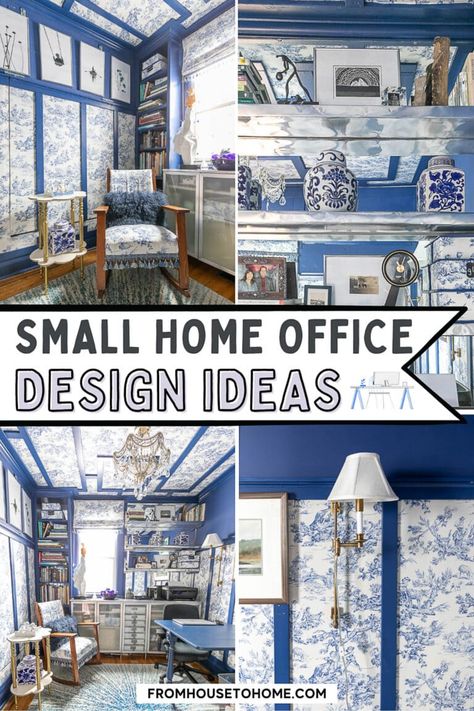 Small Home Office With Blue And White Toile Small Home Office Ideas For Women, Bookshelves Storage, Blue And White Toile, Elegant Home Office, Home Office Makeover, Tiny Room, Sewing Room Storage, House To Home, Gold Rooms