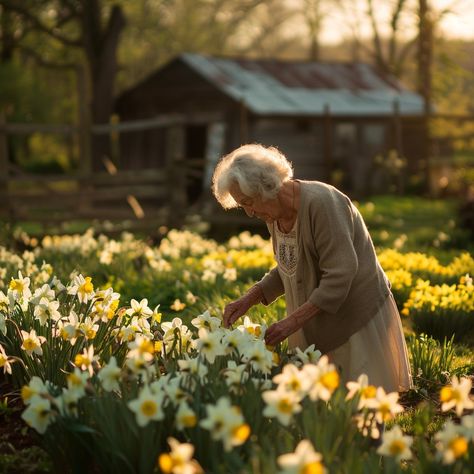 Elderly, Flowers, Serenity: An elderly woman gently touches the daffodils, surrounded by the warmth of a golden sunset. #elderly #flowers #serenity #sunset #daffodils #gardening #nature #warmth #aiart #aiphoto #stockcake https://ayr.app/l/dd1F Elderly Woman Aesthetic, Elderly Aesthetic, Convent Life, Elderly Photography, Woman Gardening, Grow Sunflowers, People Living Life, Gardening Photos, Gentle Woman