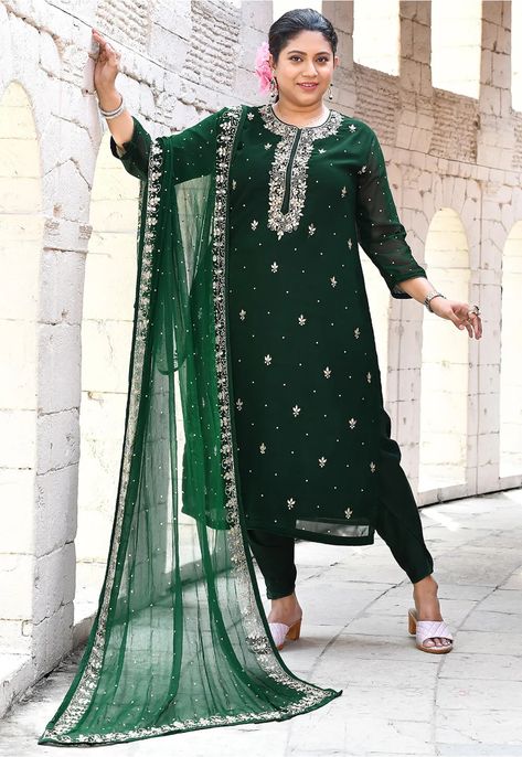 Buy Hand Embroidered Georgette Pakistani Suit in Dark Green Online : KQC268 - Utsav Fashion Dark Green Anarkali, Cutdana Work, Green Anarkali, Pakistani Suit, Silver Embroidery, Utsav Fashion, Pakistani Suits, Stone Work, Mirror Work