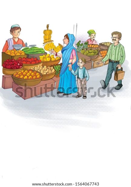 Village Market Book Illustrations Stock Illustration 1564067743 | Shutterstock Village Market Drawing, Village Market Scene Drawing, Market Cartoon, Market Drawing, Picture Story For Kids, Village Illustration, Art Competition Ideas, Kids Rhymes, Village Market