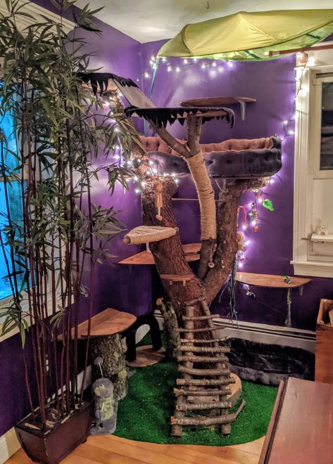 Creative Cat Trees, Maximalist Cat Tree, Witchy Cat Furniture, Enchanted Forest Cat Tree, Tree Branch Cat Tree, Cat Tree House Indoor, Cat Tree House Diy Ideas, Diy Mushroom Cat Tree, Fairy Cat Tree