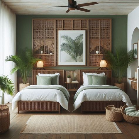 Japandi Rattan Interior, Small Tropical Bedroom, Beautiful Hotel Rooms Interiors, Modern Resort Interior Design, Boutique Hotel Bedroom Ideas, Tropical Coastal Interior, Resort Room Design, Tropical Bedroom Ideas Caribbean, Thai Bedroom